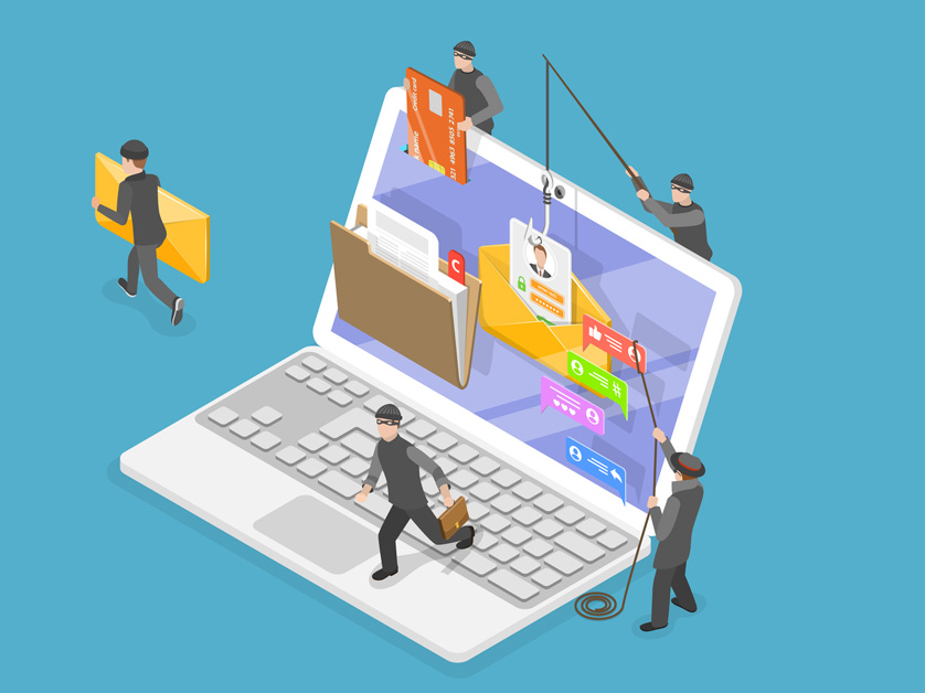 cartoon version of thieves taking information from laptop computer